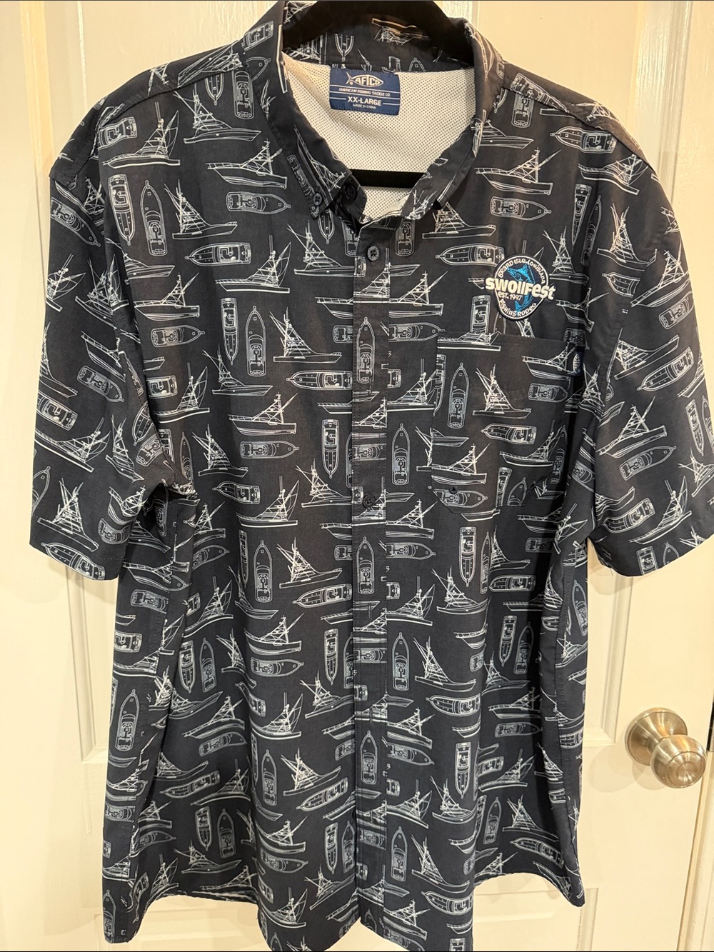 AFTCO Navy Short-Sleeve Button-Down with White Boat Print